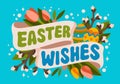 Easter Wishes, festive greetings design in pure colors. Vector lettering text with ribbons, willow branches, spring flowers,