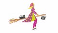 Easter witch, in Swedish called PÃ¥skkÃ¤rring (Sweden), flying on broom with kettle and black cat. Vector illustration.. Royalty Free Stock Photo