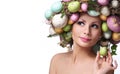 Easter Woman. Portrait of Beautiful Model with Colorful Eggs. Royalty Free Stock Photo