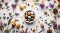 Easter Wonderland: Colorful Quail Eggs and Spring Blossoms on White Canvas for Copy Space