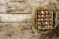 Easter wood background with box of eggs in nest