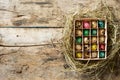Easter wood background with brushed eggs in nest