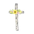 Easter Wooden Christian Cross with flowers. Catholic Church Floral cross isolated on white background. Religion symbol