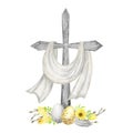 Easter Wooden Christian Cross with flowers and eggs. Catholic Church Floral cross isolated on white background. Religion