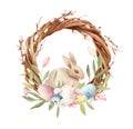 Easter wooden woven wreath with rabbit bunny Royalty Free Stock Photo