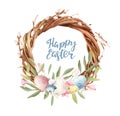 Easter wooden wreath with willow branches, green leaves Royalty Free Stock Photo