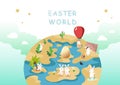 Easter world, egg hunt, discovering and adventure, cute rabbit cartoon character, greeting poster holiday background vector