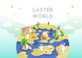 Easter world, egg hunt, traveling and adventure, cute rabbit cartoon character, greeting poster holiday background vector