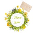 Easter wreath with blank board, baby chicken, egg's and flowers Royalty Free Stock Photo