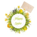 Easter wreath with blank board, baby chicken, egg's and flowers