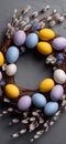 Easter wreath displaying colorful speckled eggs and pussy willow branches. Easter wallpaper. Easter wreath with bright speckled Royalty Free Stock Photo