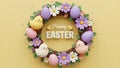 Easter wreath with chicks eggs and flowers on yellow background Royalty Free Stock Photo