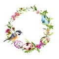 Easter wreath with colored eggs, bird in grass, flowers. Round frame. Watercolor