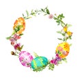Easter wreath with colored eggs in grass and flowers. Round frame. Watercolor