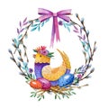 Easter wreath decorated with a pink bow. Fantastic bird surrounded by colorful Easter eggs. Watercolor drawing Royalty Free Stock Photo