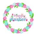 Easter wreath of delicate pink and blue crocuses and the heavenly color of decorative eggs.