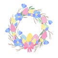 Easter wreath with Easter eggs, flowers, leaves and branches on white background Royalty Free Stock Photo