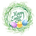 Easter wreath with easter eggs and twigs and leaves. Royalty Free Stock Photo