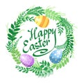 Easter wreath with easter eggs and twigs and leaves. Royalty Free Stock Photo