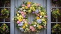 Easter wreath with eggs and flowers in front of a door Royalty Free Stock Photo