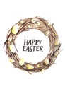 Easter wreath with easter eggs hand drawn black on white background. Decorative doodle frame from Easter eggs and floral elements