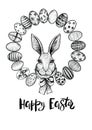 Easter wreath with eggs and head of a hare with bow. Happy Easter black and white card.