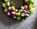 Easter wreath with eggs among a yellow spring flowers, extremely detailed, grey background, AI Generated