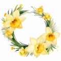 Golden Daffodil Wreath: Illustrative Watercolor Frame On White Background