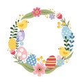 Easter Wreath Frame with Colorful Patterned Eggs Flowers and Cute Chicks. Vector illustration Royalty Free Stock Photo