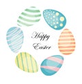 Easter wreath hand drawn colored Easter eggs isolated on white background. Decorative doodle frame made of Easter eggs Royalty Free Stock Photo