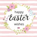 Easter wreath with spring flowers Typogrpahy quote Happy Easter Wishes on white circle shape Greeting card