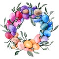 Easter wreath. frame Happy Easter. postcard. background. multi-colored eggs. Easter eggs. leaves. Spring. watercolor Royalty Free Stock Photo