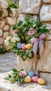 Easter wreath with pastel eggs on stone wall Royalty Free Stock Photo