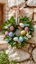 Easter spring wreath hanging on stone wall Royalty Free Stock Photo