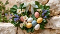 Easter wreath with pastel eggs and spring flowers Royalty Free Stock Photo