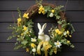 Easter wreath with spring flowers and bunny on dark wooden background Royalty Free Stock Photo