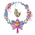 Easter wreath from willow branches, decorated with a pink bow. Watercolor drawing Royalty Free Stock Photo