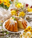 Easter yeast cake with icing and candied orange peel, delicious Easter dessert Royalty Free Stock Photo