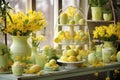 Easter yellow decor with painted yellow eggs in interior Royalty Free Stock Photo