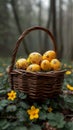 Easter yellow speckled eggs in a wicker basket in a forest clearing with yellow flowers. Copy space.