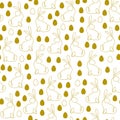 EasterEaster seamless golden pattern with easter eggs silhouette and outline bunny sitting figure isolated on white background.