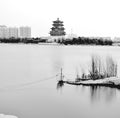 Eastern Asian Eastern landscape pavilions, terraces and open halls spring willow waterscape water waterside pavilion misty partly Royalty Free Stock Photo