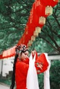 Aisa Chinese woman Peking Beijing Opera Costumes Pavilion garden China traditional role drama play bride dance perform fan lantern Royalty Free Stock Photo
