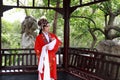 Aisa Chinese woman Peking Beijing Opera Costumes Pavilion garden China traditional role drama play dress dance perform ancient Royalty Free Stock Photo