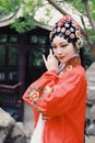 Aisa Chinese actress Peking Beijing Opera Costumes Pavilion garden China traditional role drama play dress dance perform ancient Royalty Free Stock Photo