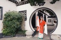 Aisa Chinese woman Peking Beijing Opera Costumes Pavilion garden China traditional role drama play bride dance perform fan ancient Royalty Free Stock Photo