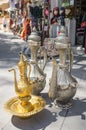 Eastern Bazaar in Egypt. National Arabian objects, jugs of silver and gold. Souvenirs from Africa.