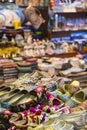 Eastern bazaar - handmade shoes. Image of selling point at Istanbul market with large selection of traditional arabic handmade or Royalty Free Stock Photo