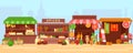 Eastern bazaar, street market flat vector illustration. Empty arabic marketplace panorama with stalls and no people
