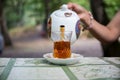 Eastern black tea in glass on a eastern carpet. Eastern tea concept. Armudu traditional cup. Sunset background. Selective focus Royalty Free Stock Photo